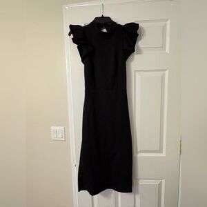 Lulus Midi Black Dress with Ruffle Cap Sleeve + Open Back - Brand new with tags
